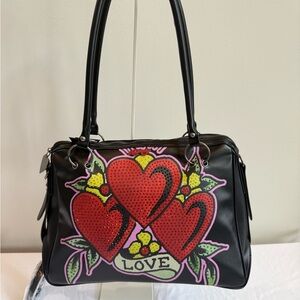 Ed Hardy Black Shoulder Bag with Red Heart Motif
